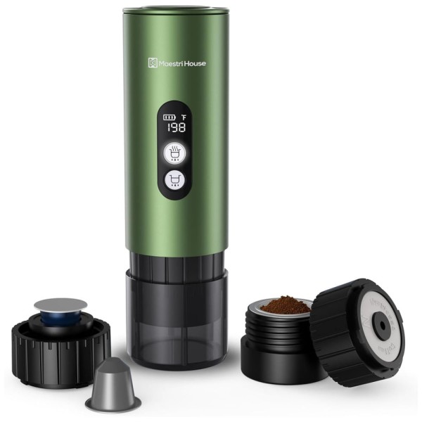 Encontraproduto.com.br - Máquina de Café Portátil com 2-3 Min Autoaquecimento Rápido e Suporte para Cápsula NS e Café Moído, 12V 150W, Maestri House PAWG-777, Verde Metálico