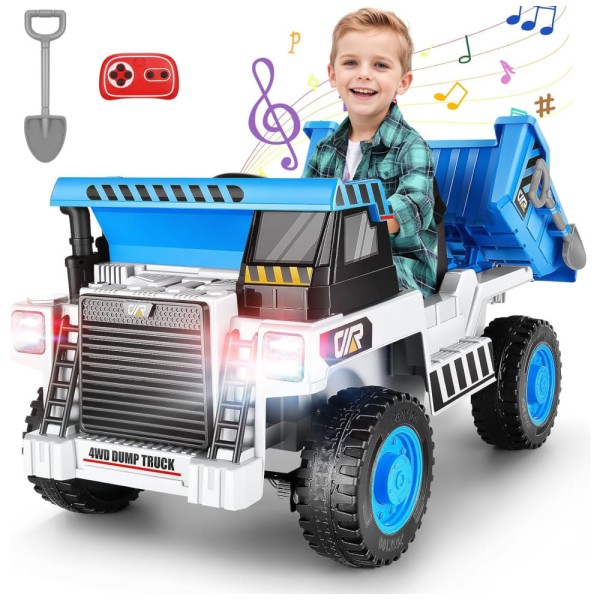 Encontraproduto.com.br - Caminhão Basculante Infantil com Controle Remoto, Caçamba Elétrica, Pá, Luz LED e Música via Bluetooth, 12V, Hikole, Branco e Azul