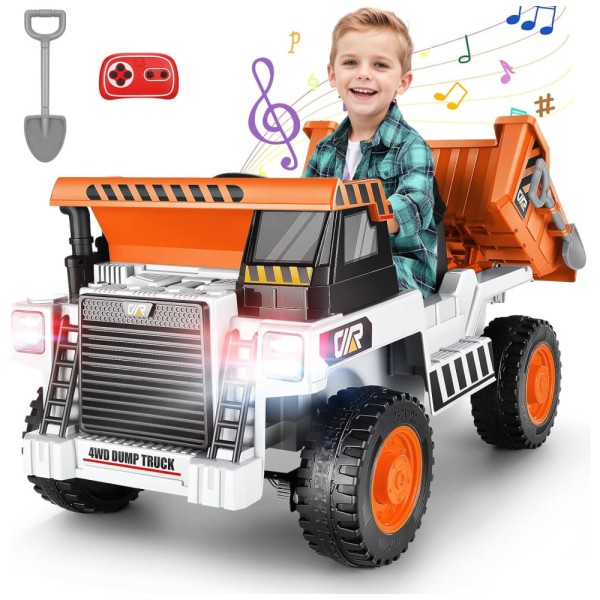Encontraproduto.com.br - Caminhão Basculante Infantil com Controle Remoto, Caçamba Elétrica, Pá, Luz LED e Música via Bluetooth, 12V, Hikole, Branco e Laranja