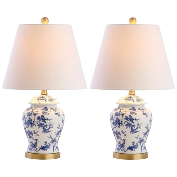 Encontraproduto.com.br - Abajur Luminária de Mesa, Estilo Clássico com 55 cm de Altura para Quarto, Sala de Estar e Escritório, 2 Un, 110V 40W, JONATHAN Y, Azul e Branco