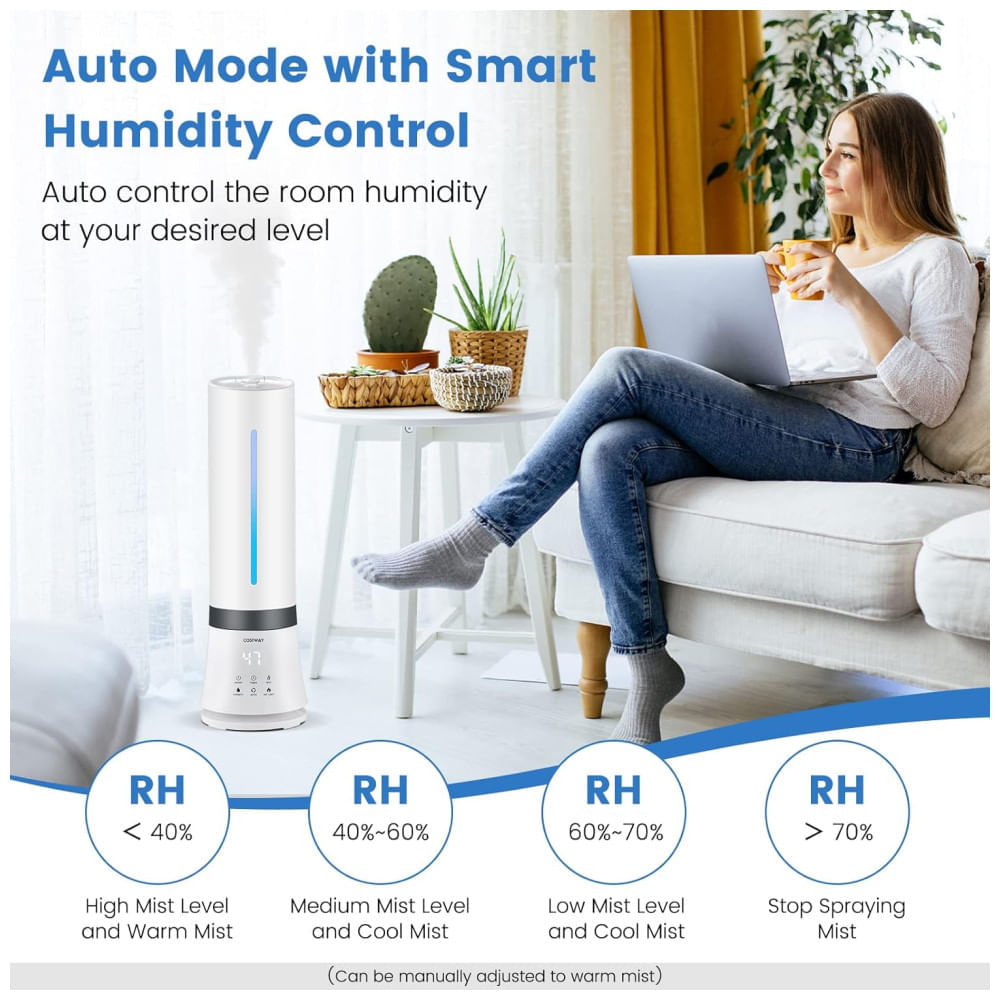 Encontraproduto.com.br - Umidificador névoa Quente e Fria, 9L com Enchimento Superior, Sensor de Umidade, Luz Noturna, Temporizador de 12H, Controle Remoto e Modo de Espera