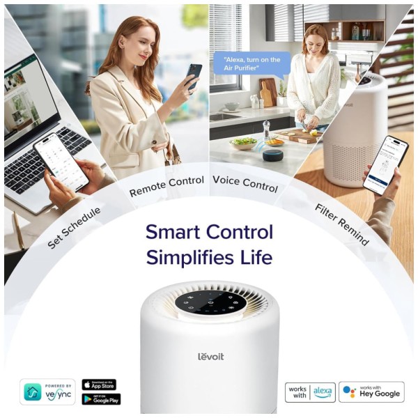 Encontraproduto.com.br - Purificador de Ar 3 em 1, para Ambientes até 85m² com Controle por APP e Silencioso que Remove Fumaça, Poeira e Mofo, 110V 26W, LEVOIT, Branco