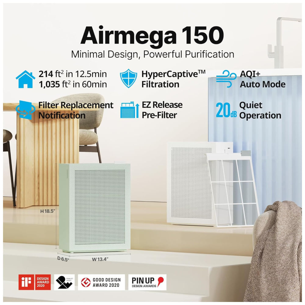 Encontraproduto.com.br - Purificador de Ar para Ambientes até 96m² com Sensor de Qualidade, Modo Automático e Filtro HEPA Lavável, 110V 35W, Coway  Airmega 150s, Branco