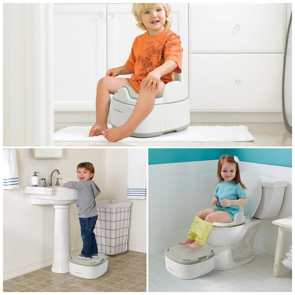Troninho em Forma de U 3 em 1 para Bebês, Assento de Treinamento com Step Stool, Smashier, Cinza e Branco