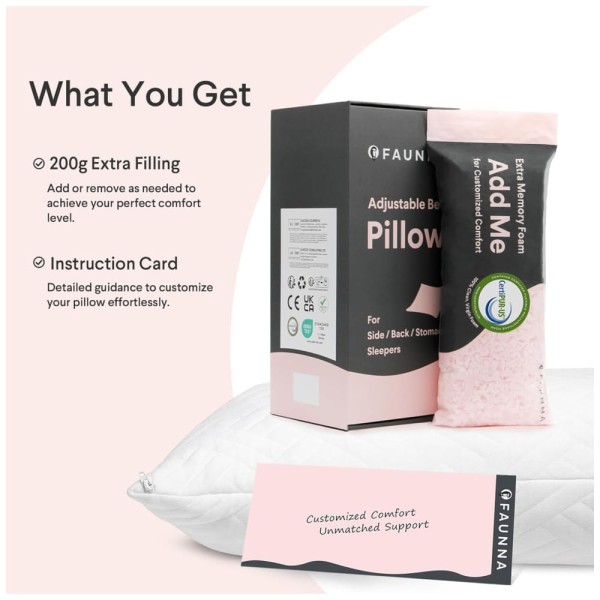 Encontraproduto.com.br - Travesseiro de Espuma de Memória Ajustável, Tamanho Queen com Capa Removível Lavável e Enchimento 100% Algodão Puro, FAUNNA, Branco