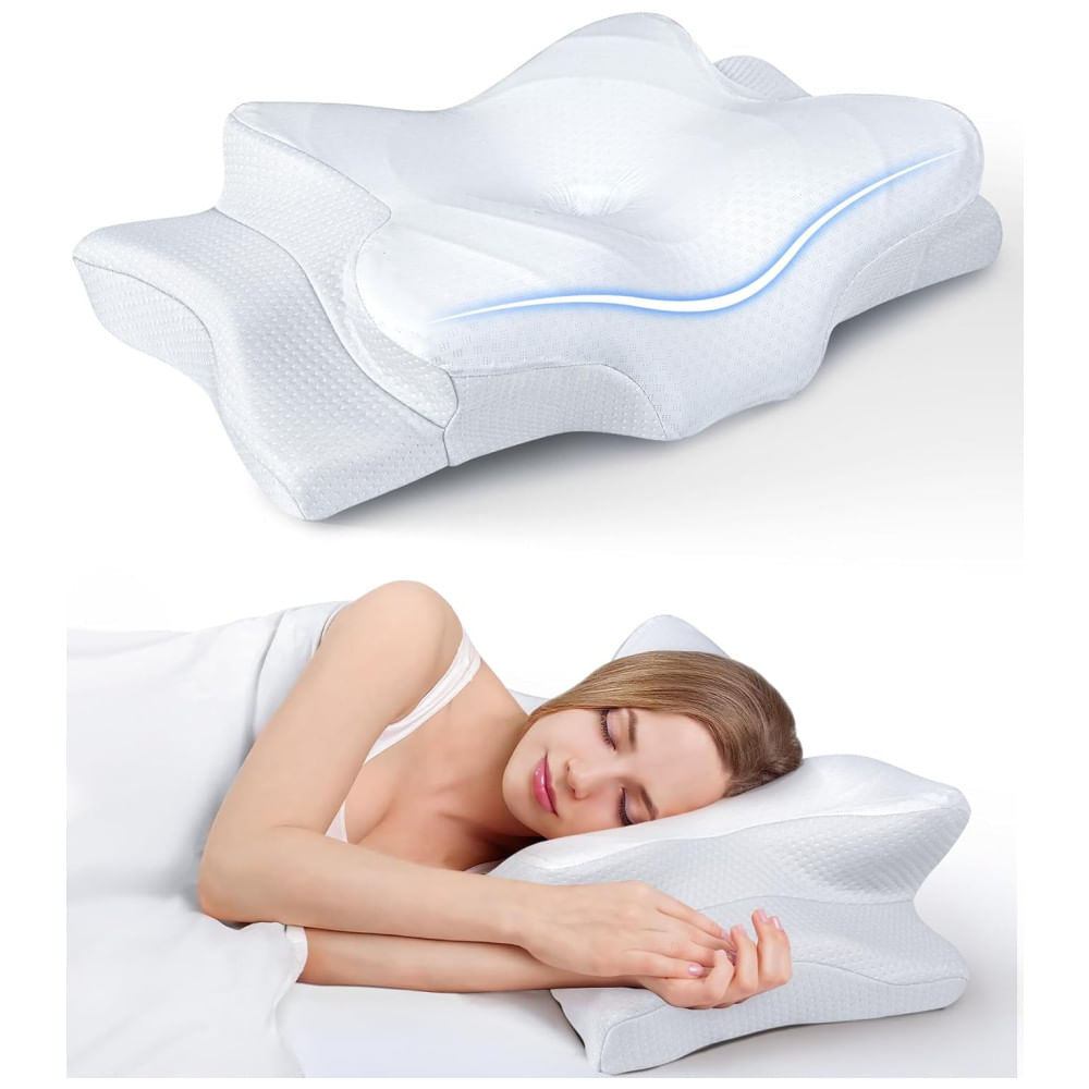 Travesseiro Ortopédico Cervical Ergonôimico, Tamanho Queen com Espuma de Memória, Cozyplayer, Branco