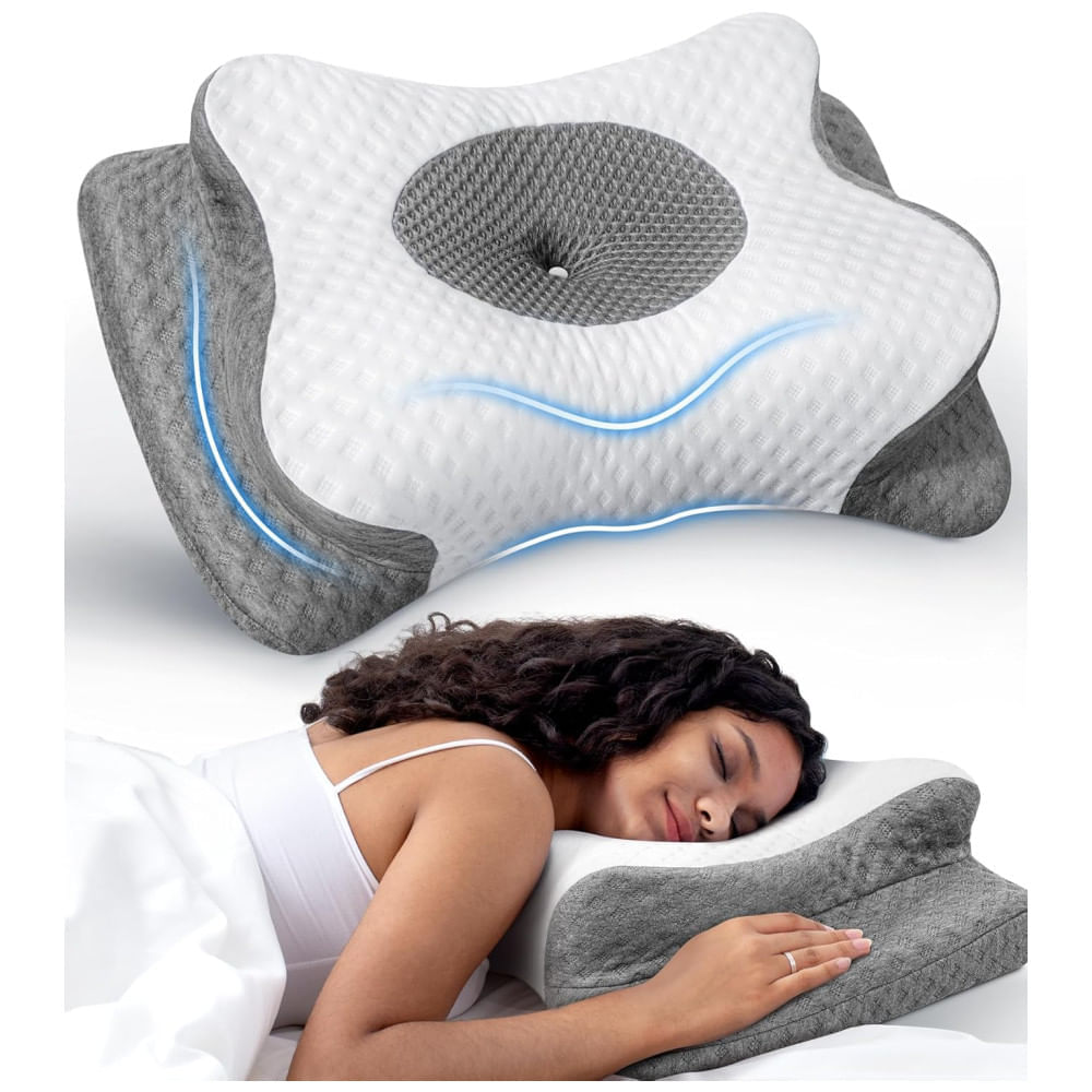Travesseiro Cervical com Memória Ergonômica com Suporte de Pescoço e Apoio de Braço, Cozyplayer, Branco e Cinza