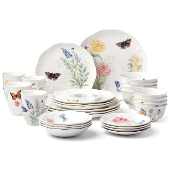 Encontraproduto.com.br - Conjunto de Aparelho de Jantar com 28 Peças, Tema de Borboletas, Material de Porcelana e Formato Redondo, Lenox 865075, Branco Colorido