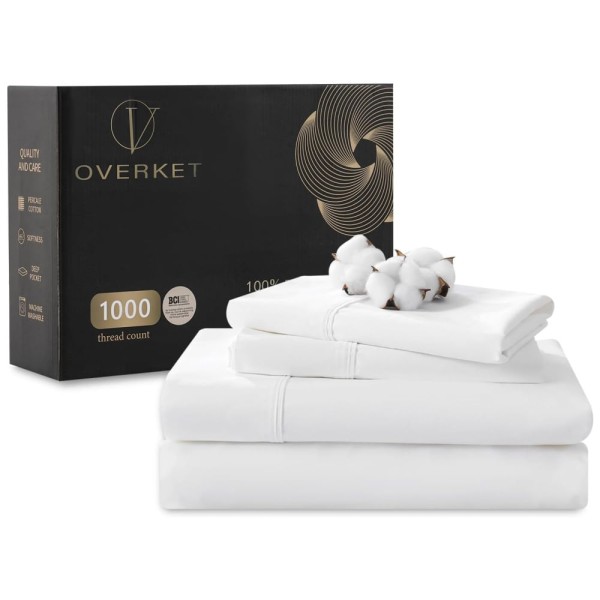 Encontraproduto.com.br - Conjunto de Lençóis em Algodão Egípcio de 1000 Fios, Tamanho Casal, para Todas as Estações, Super Macio e Respirável, Overket, Branco