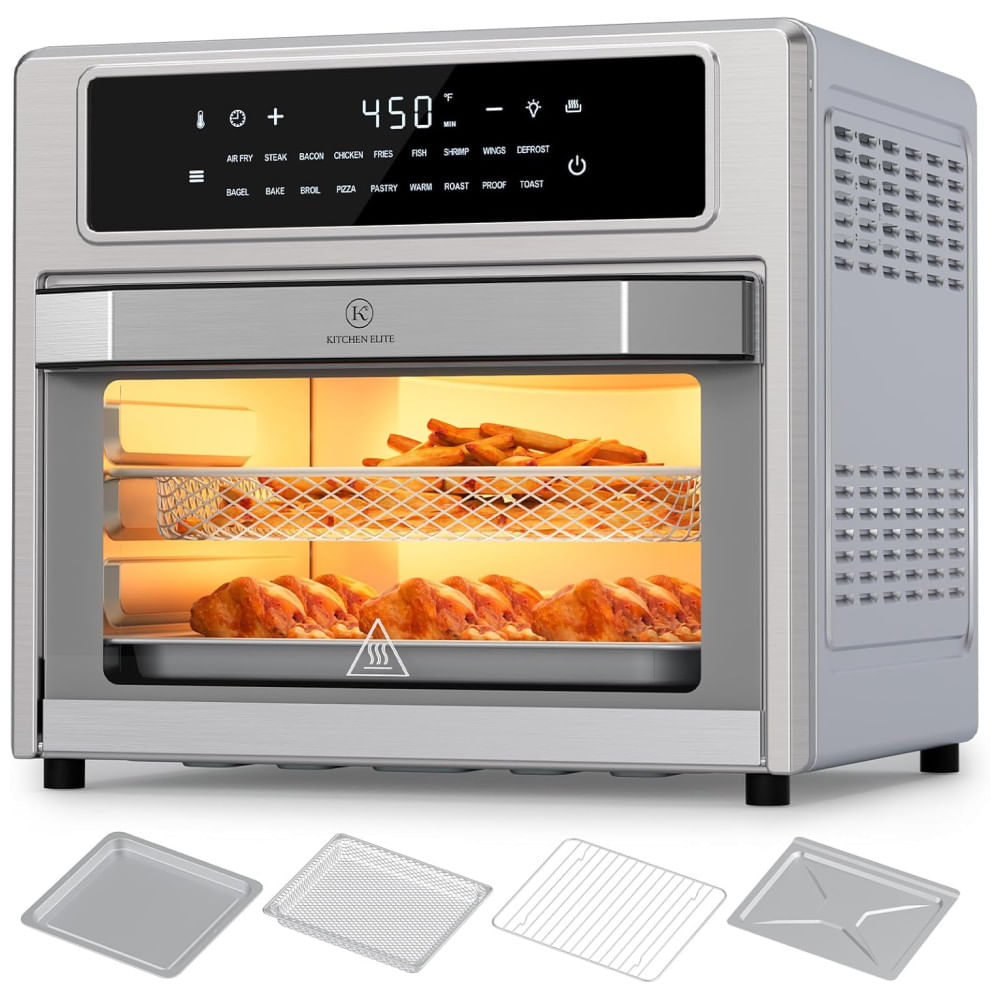 Encontraproduto.com.br - Forno Elétrico 18 em 1 com Capacidade de 25L, Material de Aço Inoxidável, Recursos de Zona Dupla e Tela Digital, 110V 1700W,  Kitchen Elite, Prata