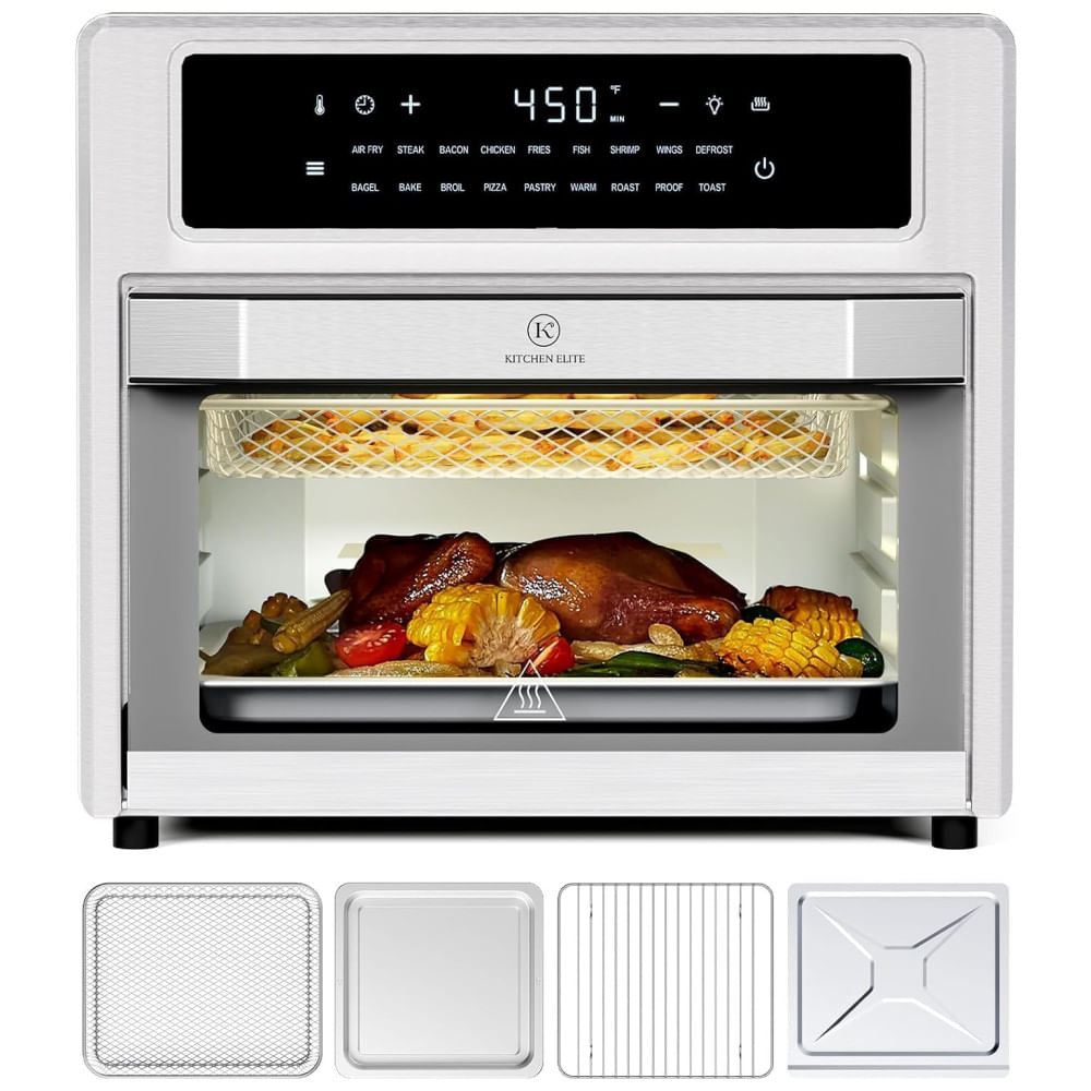 Encontraproduto.com.br - Forno Elétrico 18 em 1 com Capacidade de 25L, Material de Aço Inoxidável, Recursos de Zona Dupla e Tela Digital, 110V 1700W, Kitchen Elite, Prata e