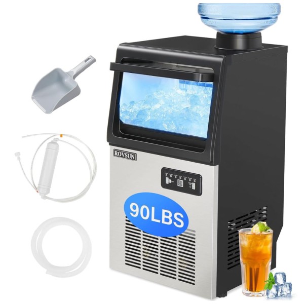 Máquina de Gelo Profissional, Que Produz 40 kg em 24H com Função de Agendamento, Tubo de Drenagem e Filtro de Água, 110V 100W, ROVSUN, Preta e Prata