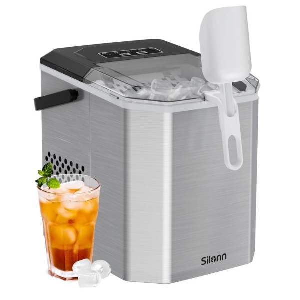 Encontraproduto.com.br - Máquina de Gelo Portátil que Produz 11 kg em 24H com Alça de Transporte e Inclui Colher de Gelo, 110V 160W, Silonn SLIM21T, Prata