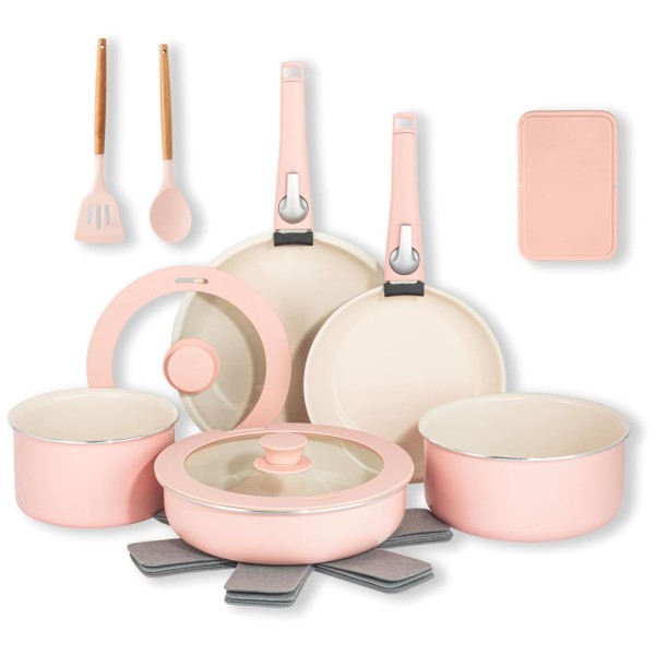 Jogo de Panelas e Frigideiras Antiaderentes, 18 Peças com Cabo Removível e Utensílios de Cozinha Incluso, GOTHAM STEEL, Rosa