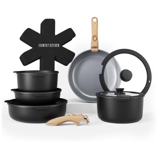 Encontraproduto.com.br - Jogo de Panelas e Frigideiras, Material em Alumínio com 16 Peças e Cabo de Madeira Removível, Country Kitchen, Preto e Cinza
