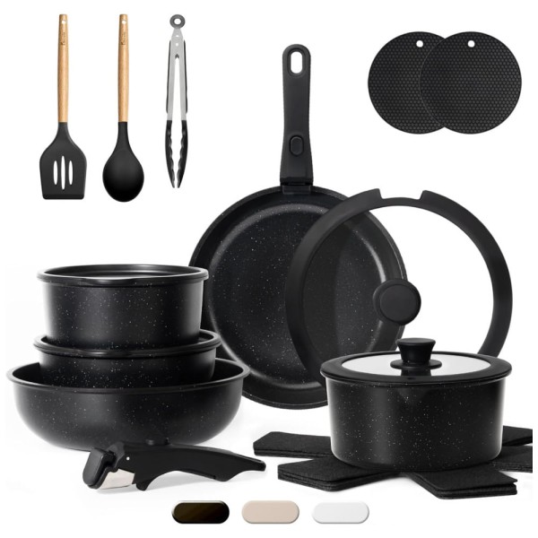 Encontraproduto.com.br - Jogo de Panelas e Frigideiras Antiaderentes, Material em Alumínio e Granito com 20 Peças, Cabo Removível e Utensílios de Cozinha, Kikcoin, Preto