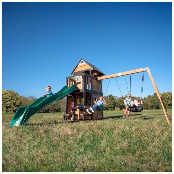 Encontraproduto.com.br - Playground Infantil de Madeira, Estilo Casa de Jogos com Parede de Escalada, Escorregador de Ondas, Balanços e Varanda, Backyard Discovery, Verde