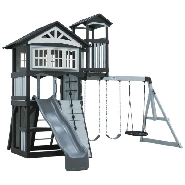 Encontraproduto.com.br - Playground Infantil de Madeira com Escorregador de Ondas, Balanço de Teia, Parede de Escalada e 2 Balanços de Cinto, Backyard Discovery, Cinza