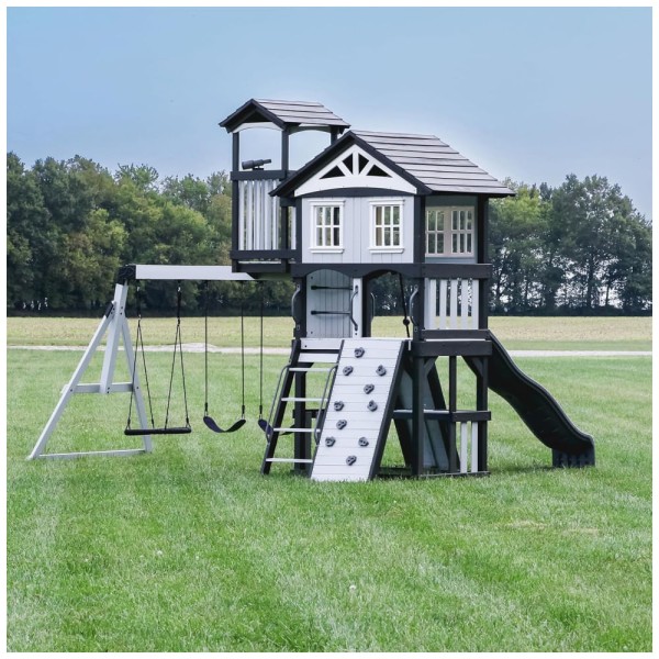 Encontraproduto.com.br - Playground Infantil de Madeira com Escorregador de Ondas, Balanço de Teia, Parede de Escalada e 2 Balanços de Cinto, Backyard Discovery, Cinza