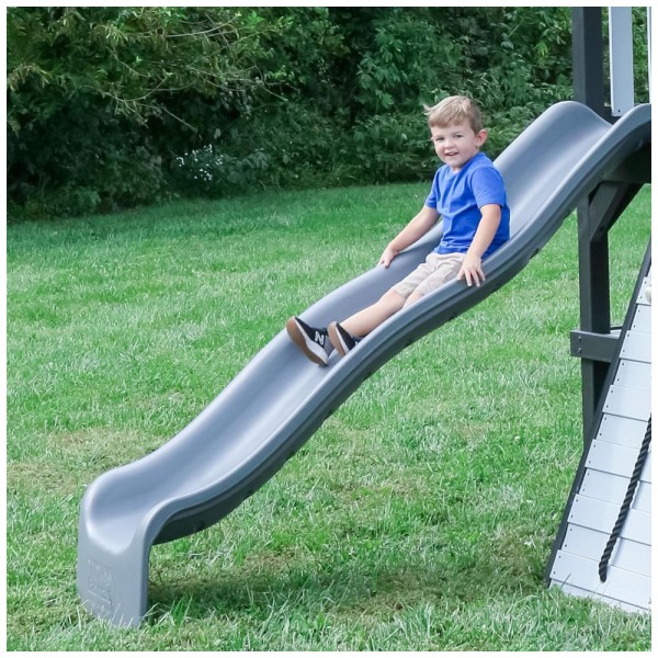 Encontraproduto.com.br - Playground Infantil de Madeira com Escorregador de Ondas, Balanço de Teia, Parede de Escalada e 2 Balanços de Cinto, Backyard Discovery, Cinza