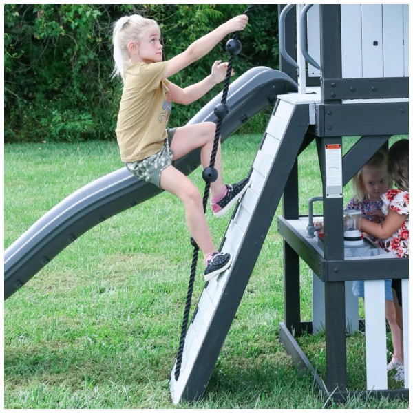 Encontraproduto.com.br - Playground Infantil de Madeira com Escorregador de Ondas, Balanço de Teia, Parede de Escalada e 2 Balanços de Cinto, Backyard Discovery, Cinza