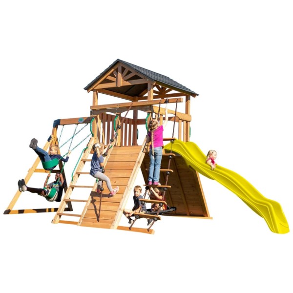 Playground Infantil de Madeira com Parede de Escalada, Escorregador, 2 Balanços de Cinto e 1 Balanço de Teia, Backyard Discovery, Amarelo