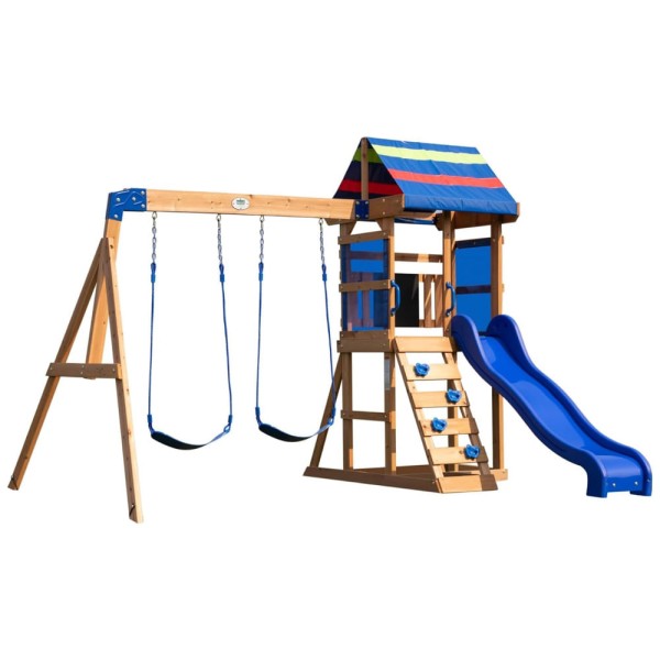 Encontraproduto.com.br - Playground Infantil de Madeira com Caixa de Areia, Parede de Escalada, Escorregador e 2 Balanços, Backyard Discovery, Azul