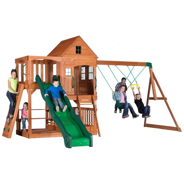 Playground Infantil com Parede de Escalada, Escorregador, Deck, 2 Balanços e Barra de Acrobacias, Backyard Discovery, Verde