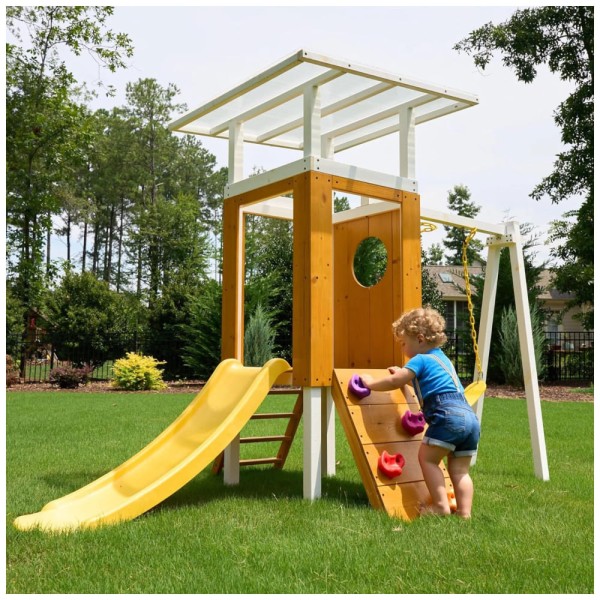 Playground Infantil de Madeira com Escorregador, Balanço, Escada e Parede de Escalada, 18 meses a 5 anos, Avenlur, Amarelo