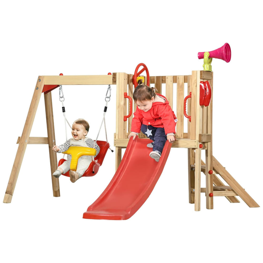 Playground Infantil de Madeira com Assento de Balanço para Bebês, Roda do Capitão, Buzina e Escorregador para Cranças de 1 a 4 Anos, Outsunny,