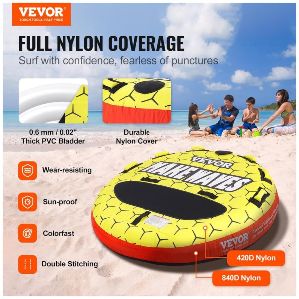 Encontraproduto.com.br - Boia Rebocável para 3 Pessoas, Carga Máx 230 kg com Capa de Nylon, Alças de EVA e Válvula de Segurança de Velocidade, VEVOR, Amarelo e Preto