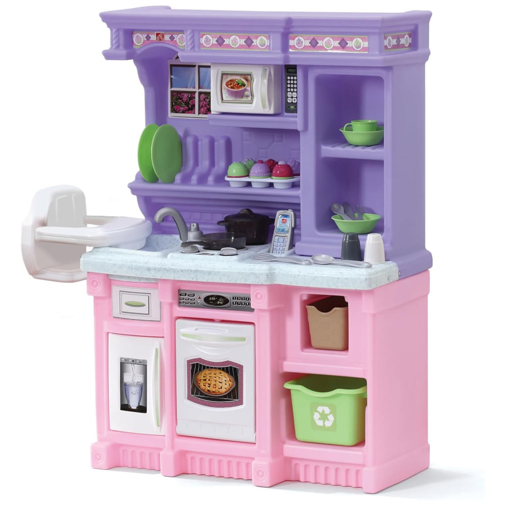 Encontraproduto.com.br - Cozinha de Brinquedo com Luzes, Sons e 30 Acessórios para Crianças de 2 Anos ou Mais, Step2, Roxo e Rosa