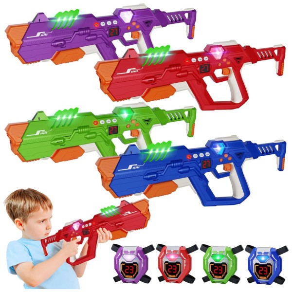 Conjunto de Arminha de Brinquedo com Laser Tag, 4 Armas e 4 Coletes de Exibição de Pontuação em LED Digital para Crianças e Adultos, Kusntin, Colorido