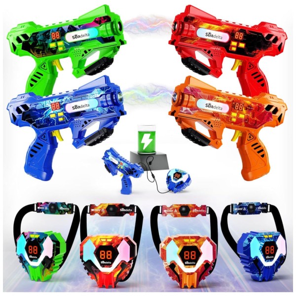 Encontraproduto.com.br - Conjunto de Pistola de Brinquedo com Laser Tag, 4 Armas, 4 Coletes Frontais e Traseiros que Exibe a Pontuação em LED Digital para Adolescentes,