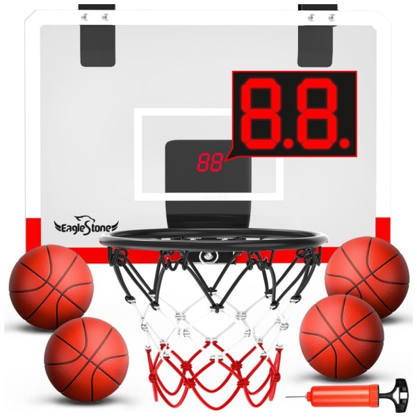 Encontraproduto.com.br - Cesta de Basquete com 4 Bolas, Placar Eletrônico e Som de Torcida, Brinquedo Ideal para Crianças e Adultos, Eaglestone, Branco e Vermelho