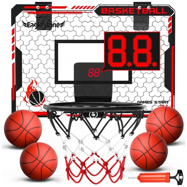 Encontraproduto.com.br - Cesta de Basquete com 4 Bolas, Placar Eletrônico e Som de Torcida, Brinquedo Ideal para Crianças e Adultos, Eaglestone, Vermelho e Preto