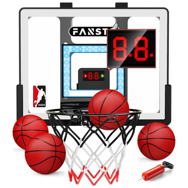 Cesta de Basquete com 4 Bolas, Placar Eletrônico, 2 Modos de Jogo e LED Anti-Impacto, Presente Ideal para Crianças, Fansto, Branco