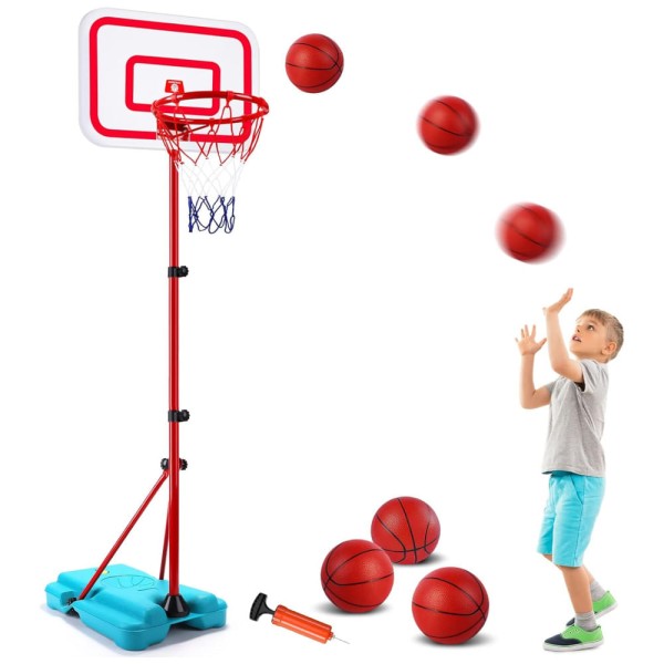 Cesta de Basquete Externa com 3 Bolas e Altura Ajustável de 90 cm a 1,8 Metros para Crianças de 3 a 8 Anos, SUPER JOY, Vermelha
