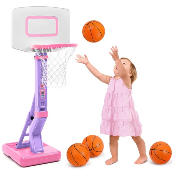 Cesta de Basquete Interno e Externa com 4 Bolas e Altura Ajustável de 70 cm a 1,3 Metros, Ideal para Crianças de 1 a 3 Anos, SUPER JOY, Rosa e Branca