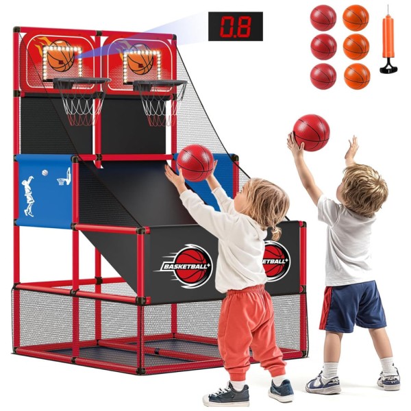 Encontraproduto.com.br - Jogo de Basquete Arcade Infantil para 2 Jogadores com 6 Bolas, Placar Eletrônico e Luz LED para Crianças de 3 a 8 Anos, M SANMERSEN, Vermelho