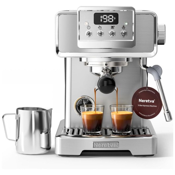 Encontraproduto.com.br - Máquina de Café Expresso Profissional 15 Bar com Manômetro em Aço inoxidável, 110V 1450W, Neretva, Cinza