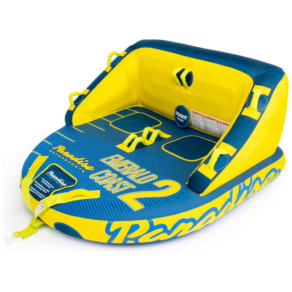 Boia Rebocável para 1 a 2 Pessoas com Costura de Nylon Reforçada e Acolchoamento em EVA, Paradise Water Sports, Azul e Amarelo