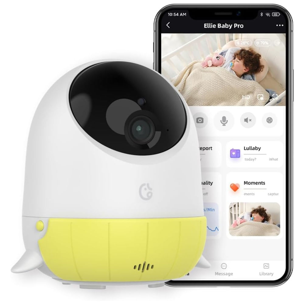 Monitor de Bebê Ellie com Câmera 2K HD, Áudio e Alerta de Rosto Coberto, Tecnologia AI Cry e Canção de Ninar Relaxante, Ellie Baby Pro, Amarelo