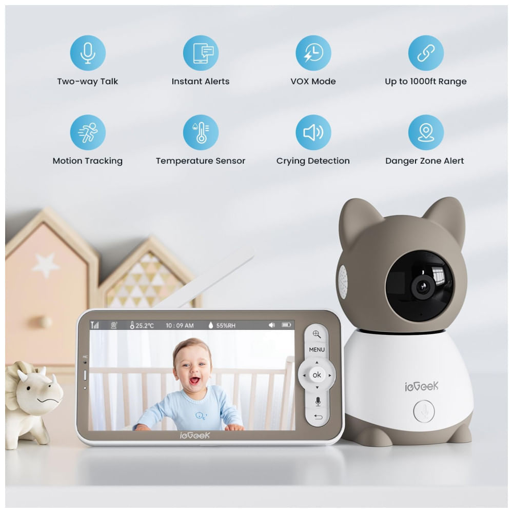 Encontraproduto.com.br - Babá Eletrônica com Câmera 2K, Áudio, Monitor de Vídeo, Visão Noturna e Controle Remoto via APP, ieGeek, Cinza