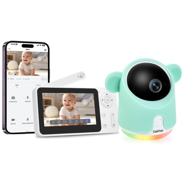 Encontraproduto.com.br - Babá Eletrônica com Monitor, Câmera e Áudio 1080P, Detecção de Movimento e Choro, GMK, Verde e Branca