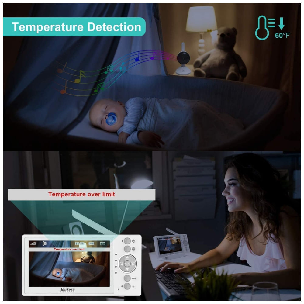 Encontraproduto.com.br - Babá Eletrônica com Monitor, Câmera, Visão Noturna, Temperatura, Sem WiFi, JouSecu B049, Branca e Cinza