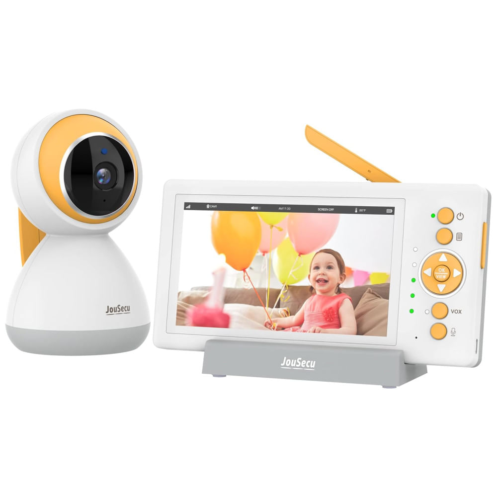 Babá Eletrônica Completa com Monitor, Áudio e Vídeo, Bateria de 30 Horas, Visão Noturna, JouSecu, Amarela e Branca