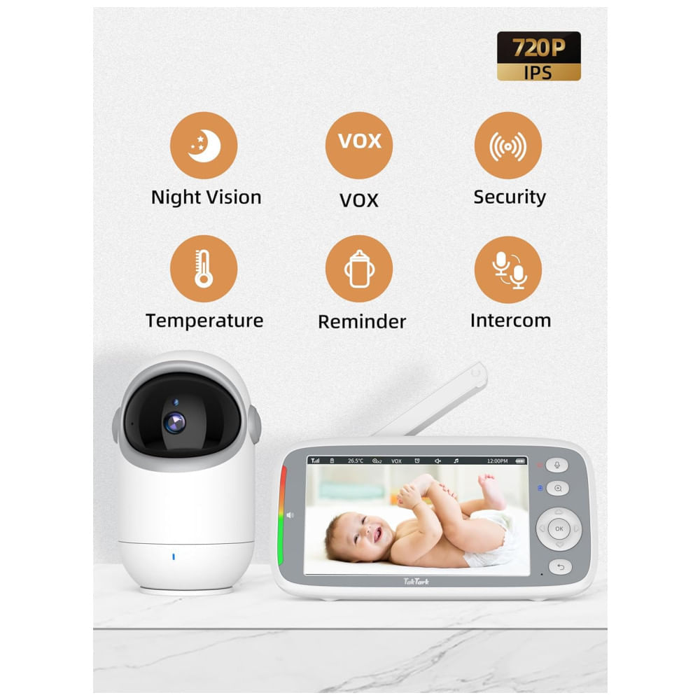 Encontraproduto.com.br - Babá Eletrônica com Monitor, Câmera HD 720P, Tela IPS, Visão Noturna e Zoom Digital, TakTark BM813, Branca