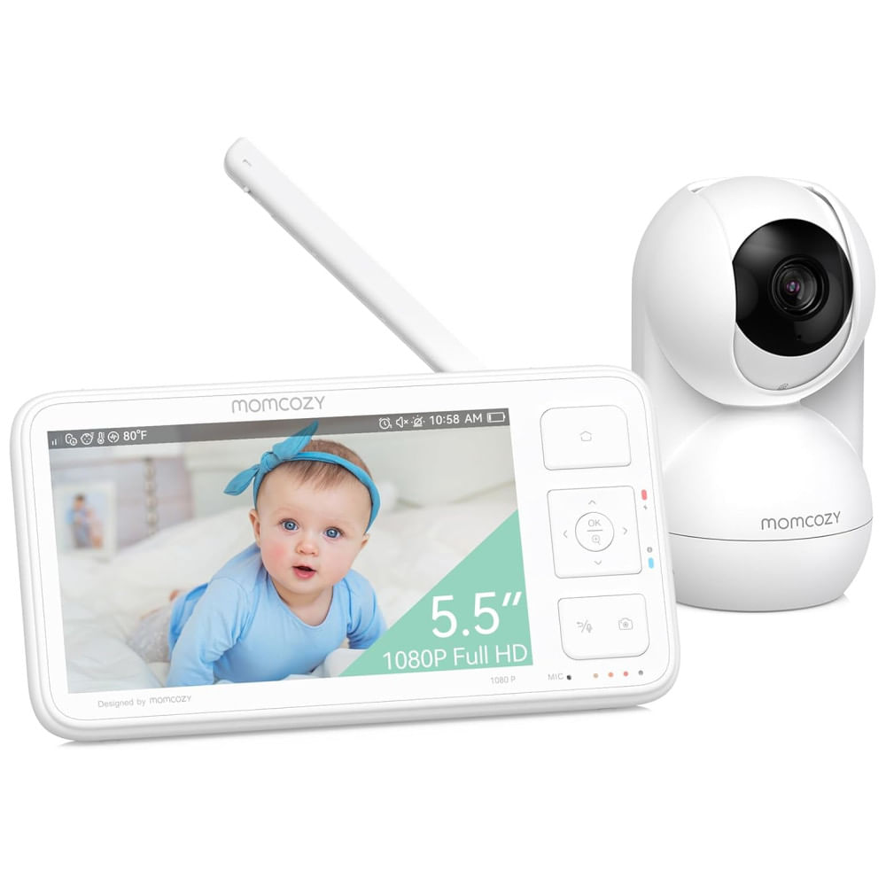 Babá Eletrônica com Câmera, Monitor de Vídeo 5.5 Full HD 1080P com Visão Noturna Infravermelha e Bateria Sem WiFi, Momcozy, Branca