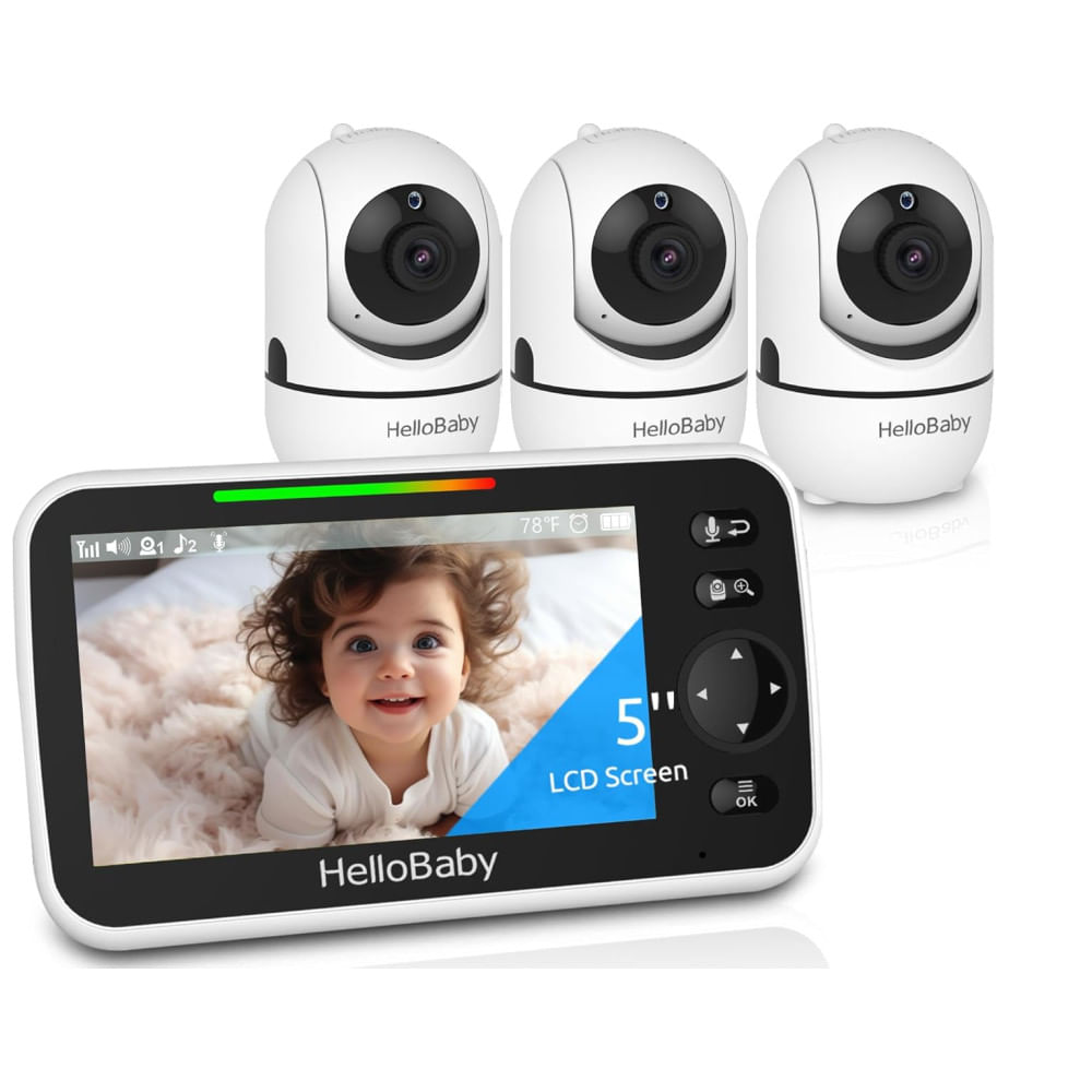 Encontraproduto.com.br - Babá Eletrônica com 3 Câmeras, Bateria de Longa Duração e Alcance de 303M, Sem WiFi, HelloBaby HB6550, Branca